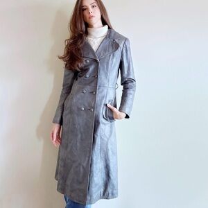 Vintage 70s Grey Leather Trench Coat – Double Breasted Jacket